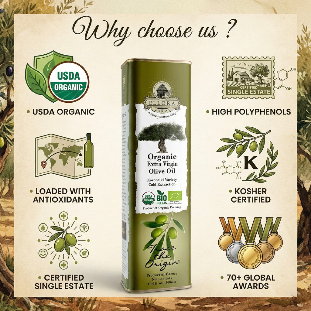 Ellora Farms, Certified Organic Greek Extra Virgin Olive Oil, Single Origin & Traceable EVOO, 17 oz, Tin, Pack of 2