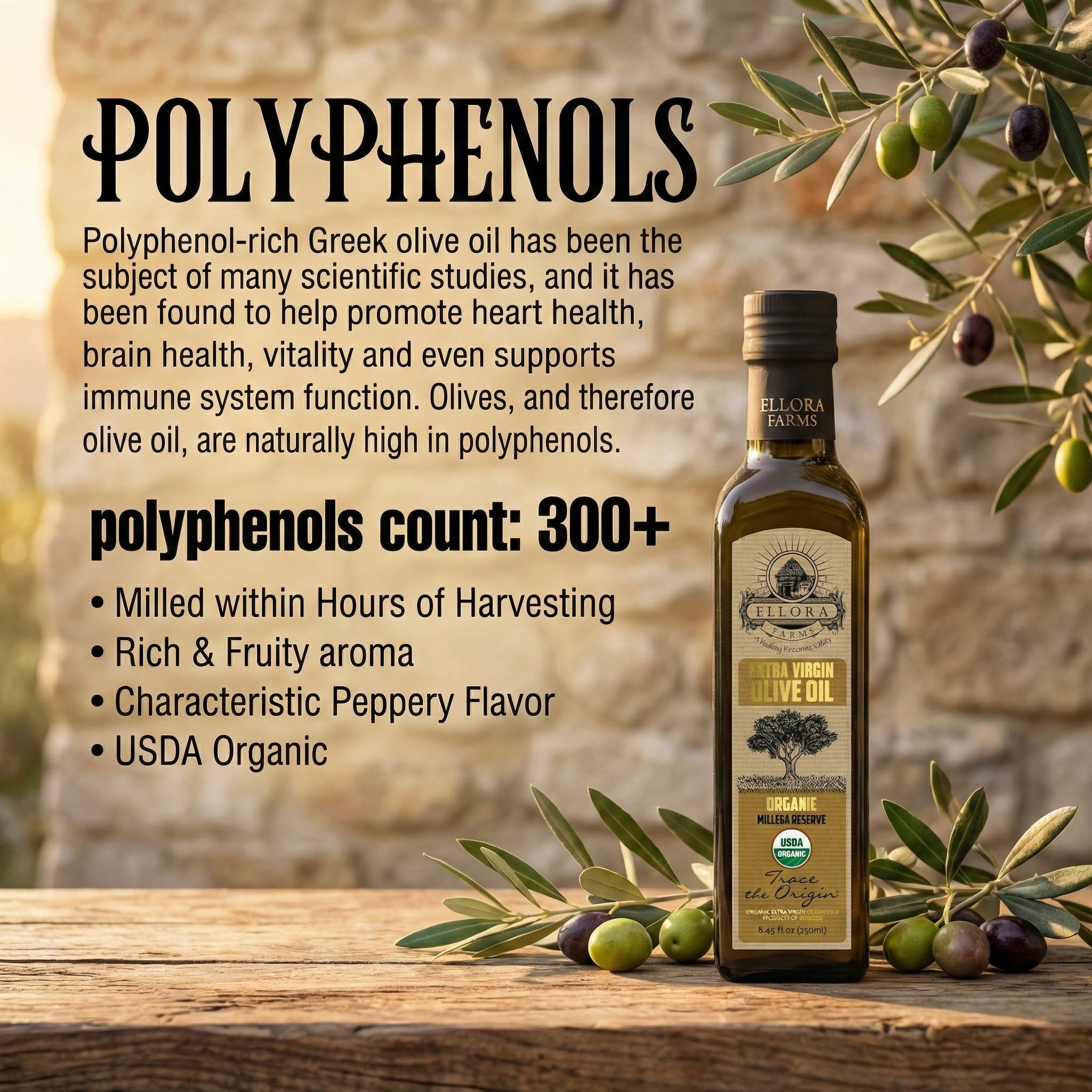 Ellora Farms, Olive Oil Extra Virgin Organic, Traceable Greek, High phenols Cold press, Kosher, 8.45 oz. Glass Bottle, Pack of 2