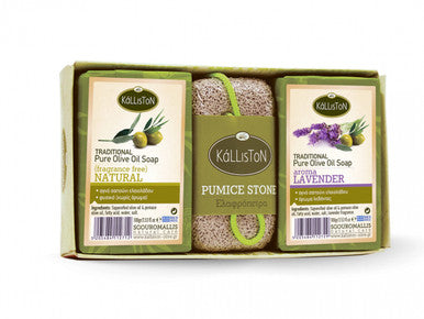Traditional Olive Oil Soap & Pumice Stone Gift Pack | ASSORTED | All Natural | Assorted Aroma Fragrances | Made in Ancient Crete, Greece | 2 Soaps 3.53 oz. Each