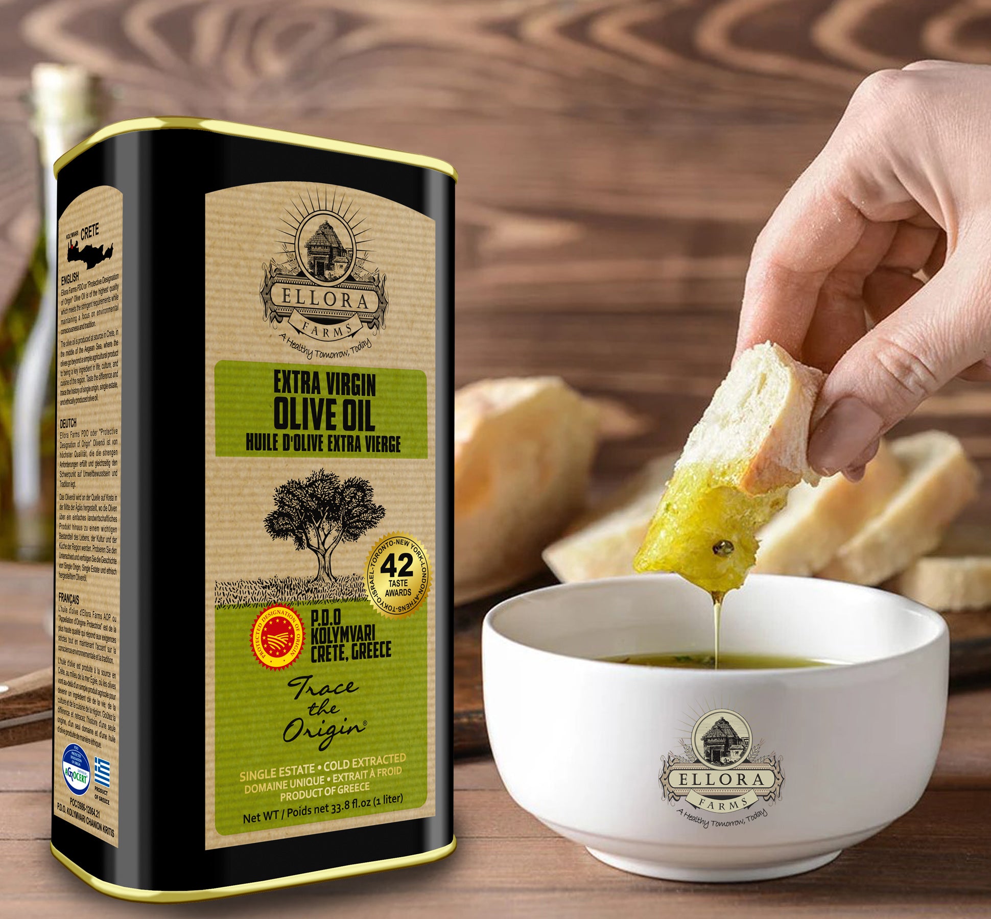 Ellora Farms PDO SITIA & Kolymvari, Greek Extra Virgin Olive Oil, 1 Ltr Tin (33.8 oz) Combo