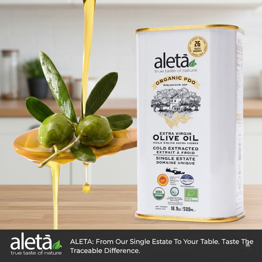 Aleta Organic Single Estate Extra Virgin Greek Olive Oil, PDO Messara Valley, High Polyphenols, 17 Oz Tin,