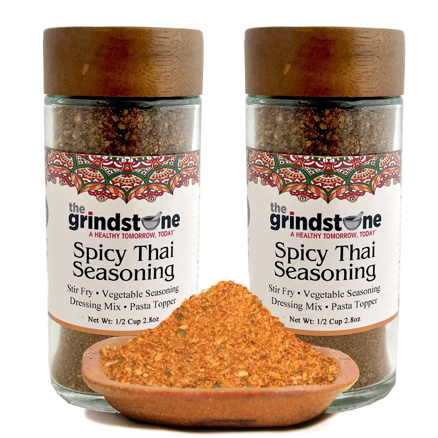 Spicy Thai Seasoning, Salt Free Spice, Suited for all Vegetables, Meat, Stir Fry, Popcorn, Noodles, 2.5 oz Glass Bottle, Dual Sifter, Pack of 2