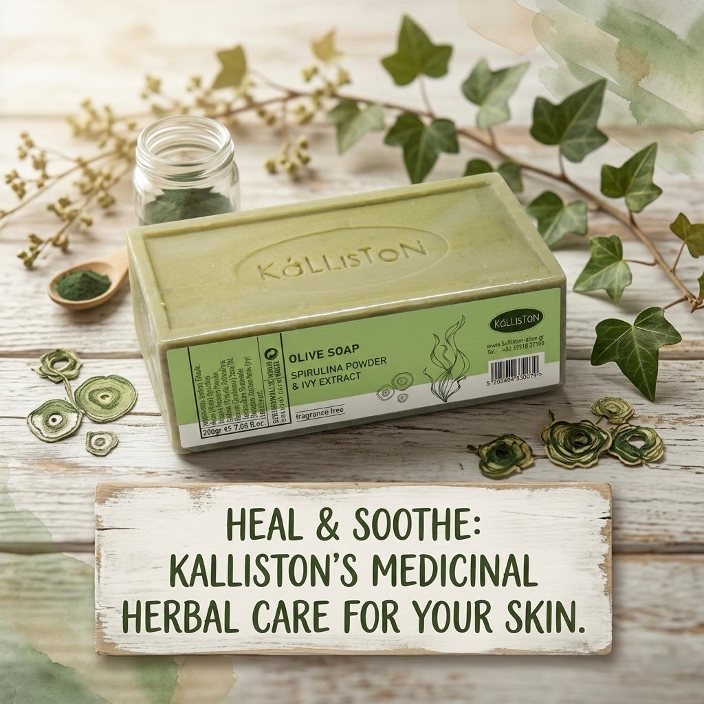 Spirulina Powder & Ivy Extract, Olive Soaps with Natural Herbs, Fragrance Free, Made in Island of Crete, Greece, 7.05 oz.