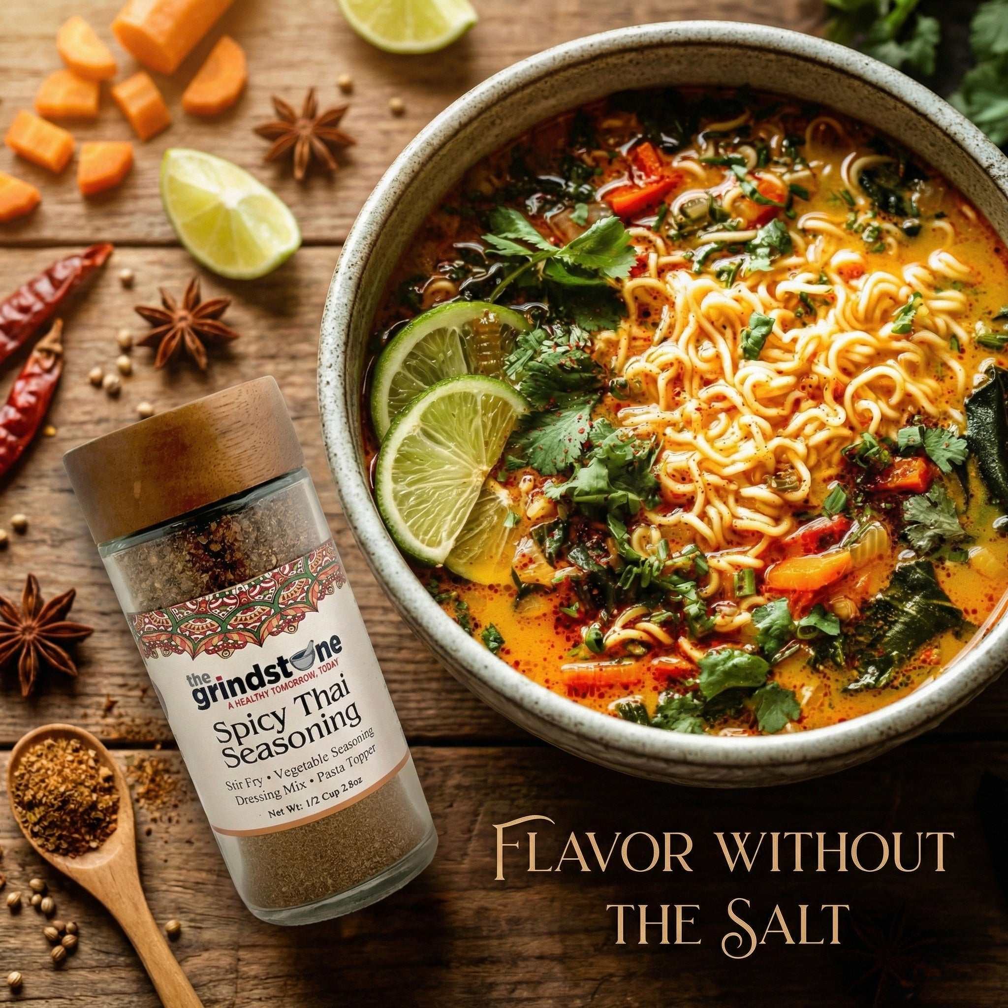 Spicy Thai Seasoning, Salt Free Spice, Suited for all Vegetables, Meat, Stir Fry, Popcorn, Noodles, 2.5 oz Glass Bottle, Dual Sifter, Pack of 2