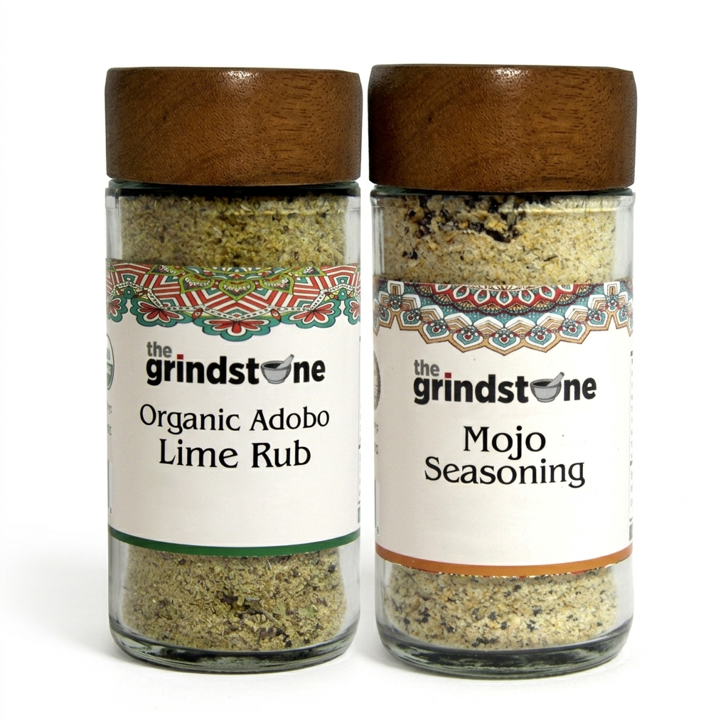 Combo Pack, Organic Adobo Lime Rub & Salt Free Mojo Seasoning, Marinade, Vegetables, Seafood- Tilapia and Salmon, Glass Bottle, Pack of 2