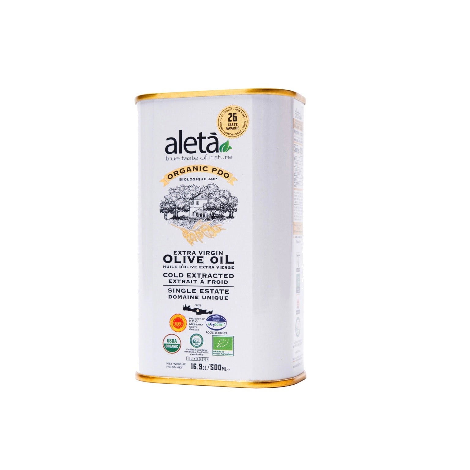 Aleta Organic Single Estate Extra Virgin Greek Olive Oil, PDO Messara Valley, High Polyphenols, 17 Oz Tin,