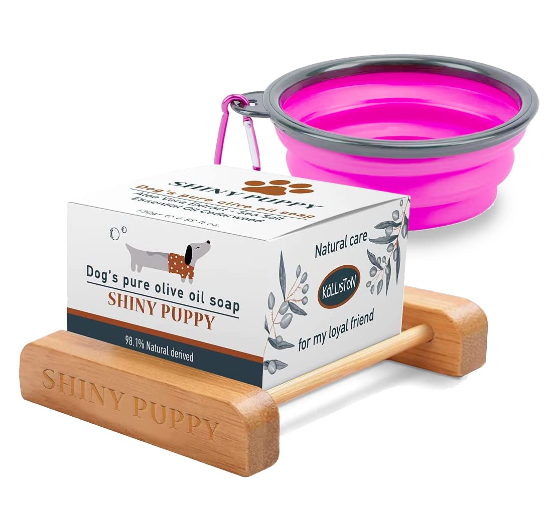 Puppy Dog Olive Oil Soap with Aloe Vera Extract, Shampoo Bar Soap, Itch Relief from Cedar Oil, Soap Base and Collapsible Water Dish, 130 Grams (Pink)