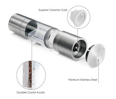 2 in 1 Salt and Pepper Grinder, Adjustable Ceramic Rotor, Salt Mill and Pepper Mill Shaker, Brushed Stainless Steel, Empty