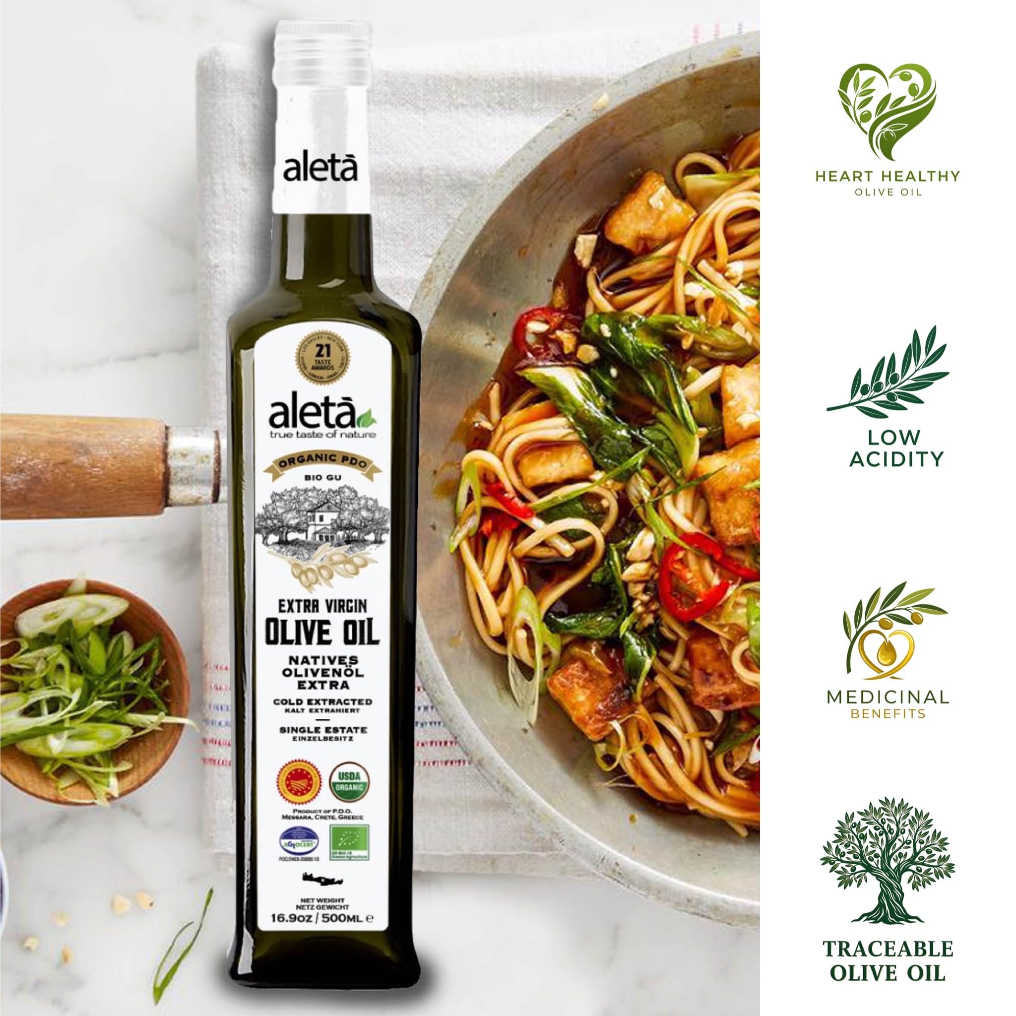 Aleta Organic & Single Estate PDO Extra Virgin Greek Olive Oil, Traceable EVOO, Kosher, Great Taste Award, 17 oz. (500ml) Bottle