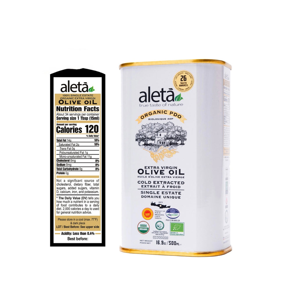 Aleta Organic & Single Estate PDO Extra Virgin Greek Olive Oil, 17 Oz Tin & 17 Oz bottle Combo