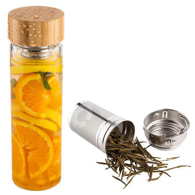 Tea2Brew, On the Go Tea Infuser, Double Walled Glass Body with Bamboo Lid, Perfect for Tea, Coffee, or Fruit Infusions, FREE Neoprene Sleeve Included, 15 oz (400ml)