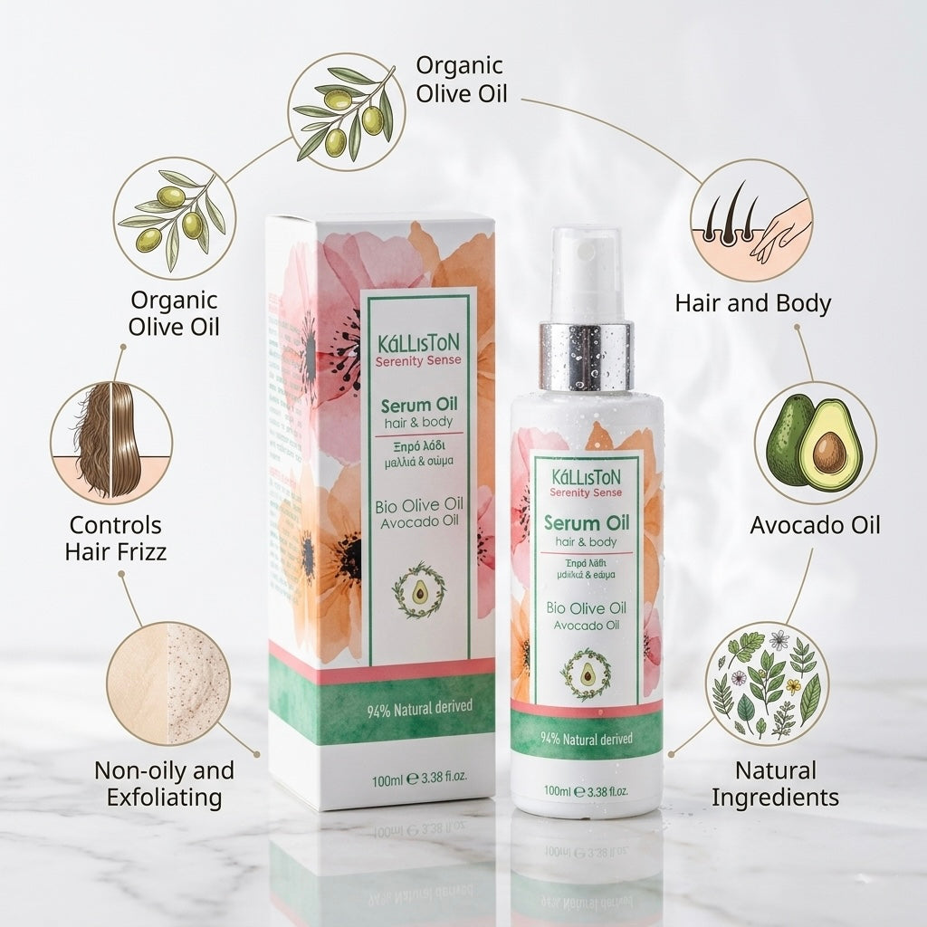 Kalliston, Serenity Hair and Body Serum offers hydration, moisturizing, exfoliating leaving the skin bright and soft Hair Thick, Organic Spray Bottle, (3.38 oz)