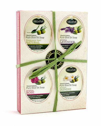 Traditional Olive Oil Soap Gift Set | ASSORTED | All Natural | Assorted Aroma Fragrances | Made in Ancient Crete, Greece | 4 Soaps 3.53 oz. Each