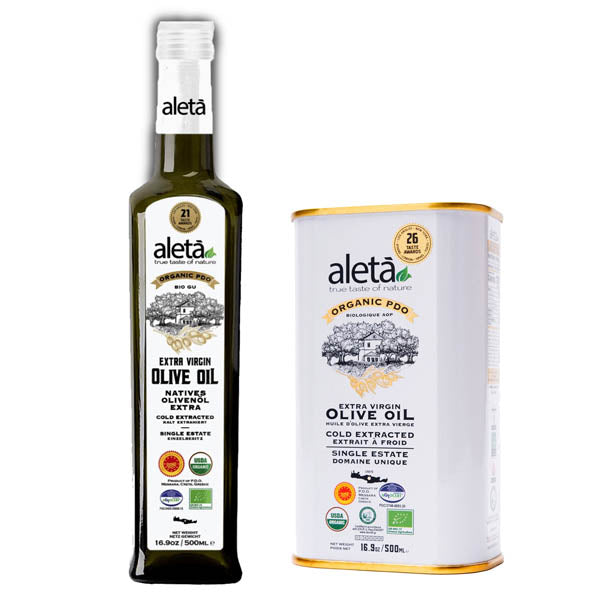 Aleta Organic & Single Estate PDO Extra Virgin Greek Olive Oil, 17 Oz Tin & 17 Oz bottle Combo