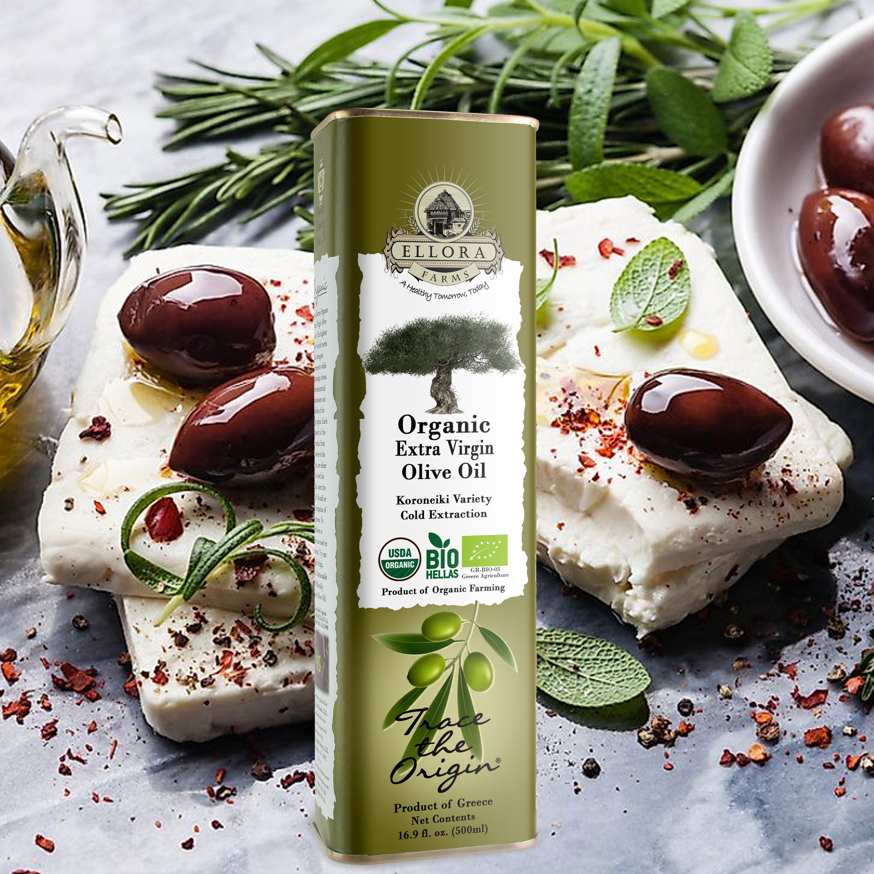 Ellora Farms, Certified Organic Greek Extra Virgin Olive Oil, Single Origin & Traceable EVOO, 17 oz, Tin, Pack of 2