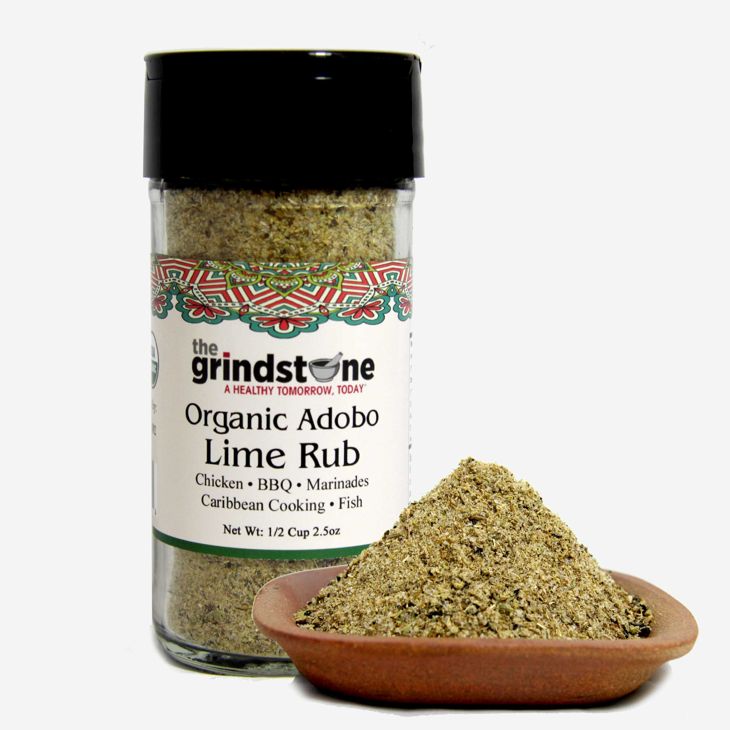 Organic Adobo Lime Rub, Best on Chicken, Tilapia and Salmon, Glass Jar with Dual Sifter, Non GMO & MSG Free Spice, 2.5 oz each