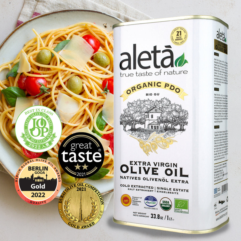 Aleta Organic & Ellora PDO SITIA Single Estate Extra Virgin Greek Olive Oil, 1 Ltr Tin, 33.8 oz. Combo