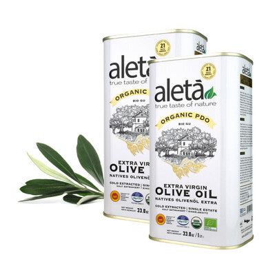 Aleta Organic & Single Estate PDO Extra Virgin Greek Olive Oil, Great Taste Award, 1 Ltr. Tin (33.8 oz.) X 2