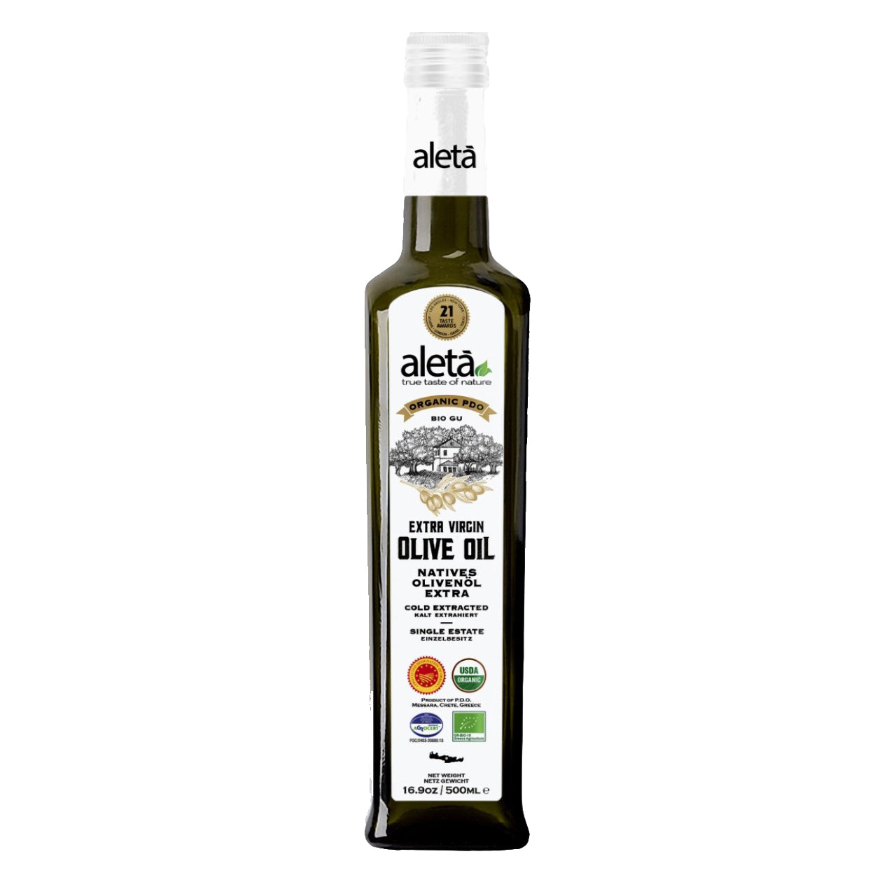 Aleta Organic & Single Estate PDO Extra Virgin Greek Olive Oil, Traceable EVOO, Kosher, Great Taste Award, 17 oz. (500ml) Bottle