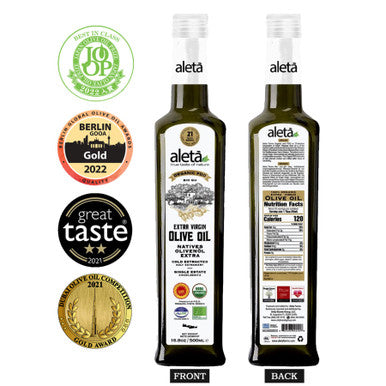 Aleta Organic & Single Estate PDO Extra Virgin Greek Olive Oil, Traceable, Kosher, Great Taste Award, 17 oz. (500ml) Bottle  X 2