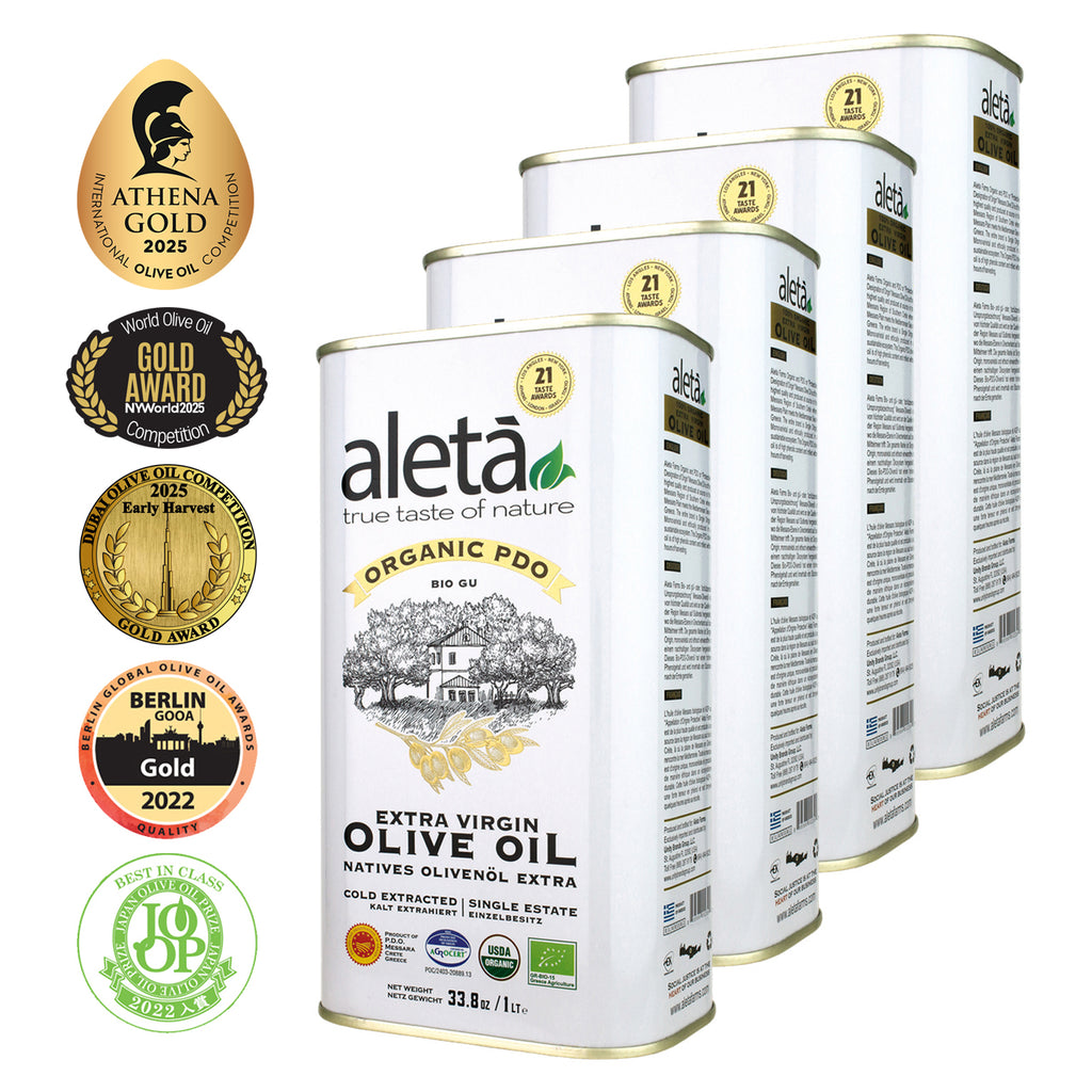 Aleta Organic & Single Estate PDO Extra Virgin Greek Olive Oil, Great Taste Award, 1 Ltr. Tin (33.8 oz.) X 4