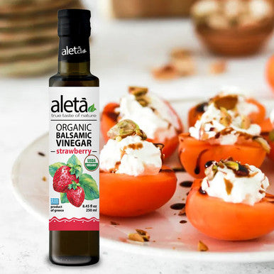 Aleta Organic, Infused Strawberry Balsamic Vinegar, Sweet & Tarty, No-Added Sugar, No-Preservatives, Glass Bottle, 8.45 oz.