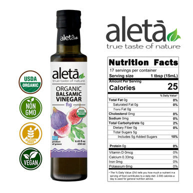 Aleta Organic, Infused Fig Balsamic Vinegar, Taste of Gentle Earthiness & Honeyed Sweetness, No Preservatives, Glass Bottle, 8.45 oz.