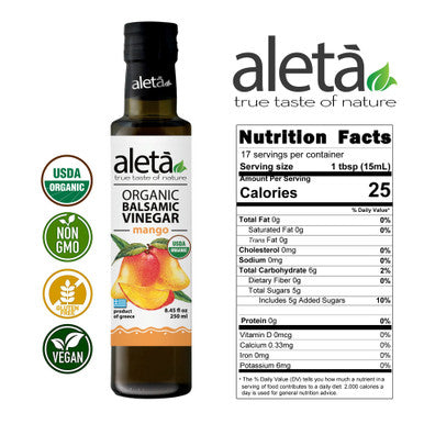Aleta Organic, Infused Mango Balsamic Vinegar, Tropical Floral Notes, Great Taste Award Winner, Glass Bottle, 8.45 oz.