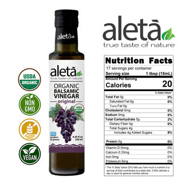 Aleta Organic, Plain Aged Balsamic Vinegar, No-Added Sugar, No-Preservatives, Great Taste Award Winner, Glass Bottle, 8.45 oz.
