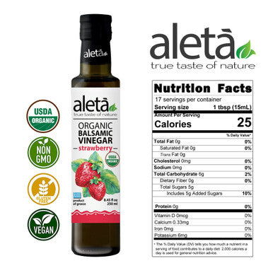 Aleta Organic, Infused Strawberry Balsamic Vinegar, Sweet & Tarty, No-Added Sugar, No-Preservatives, Glass Bottle, 8.45 oz.