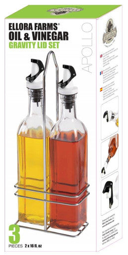 New Age Kitchen, Apollo Glass Cruet Set, Carry Rack and Magnetized Pourer, Oil & Vinegar Dispenser, 16 oz. Bottles