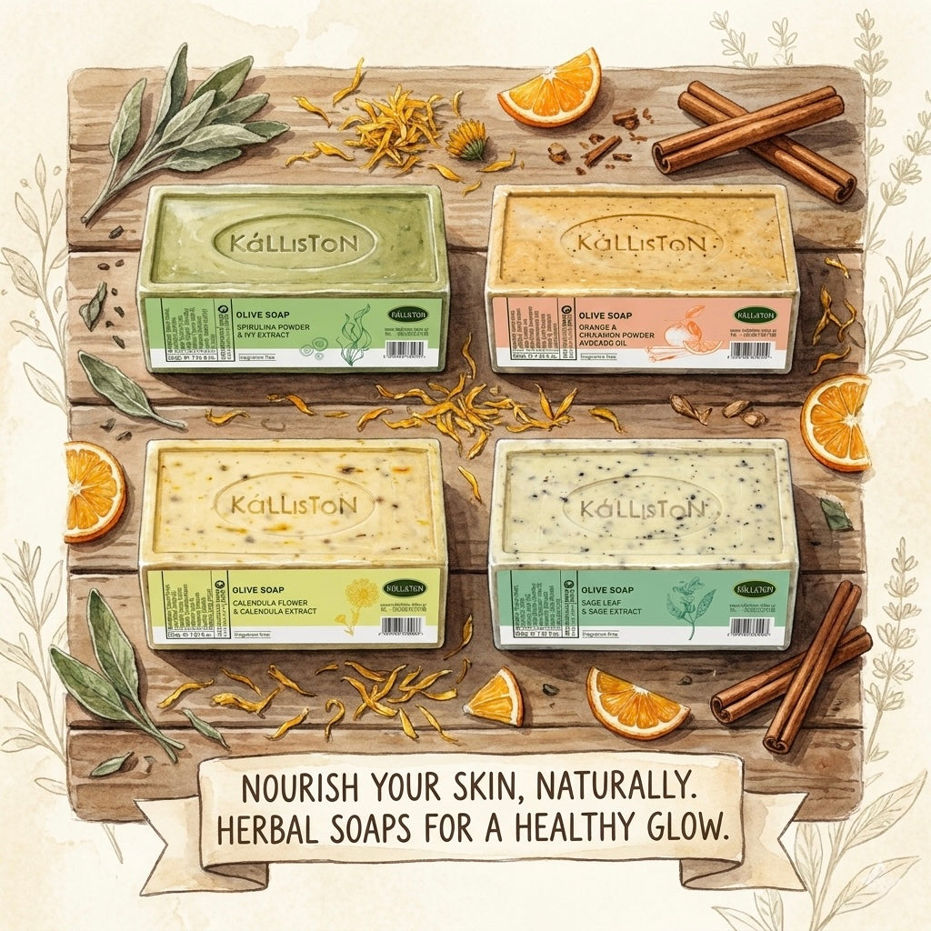 Combo Pack 4 Olive Soaps with Natural Herbs, Spirulina, Calendula, Sage, Orange, Fragrance Free, Made in Crete, Greece, 7.05 oz Each