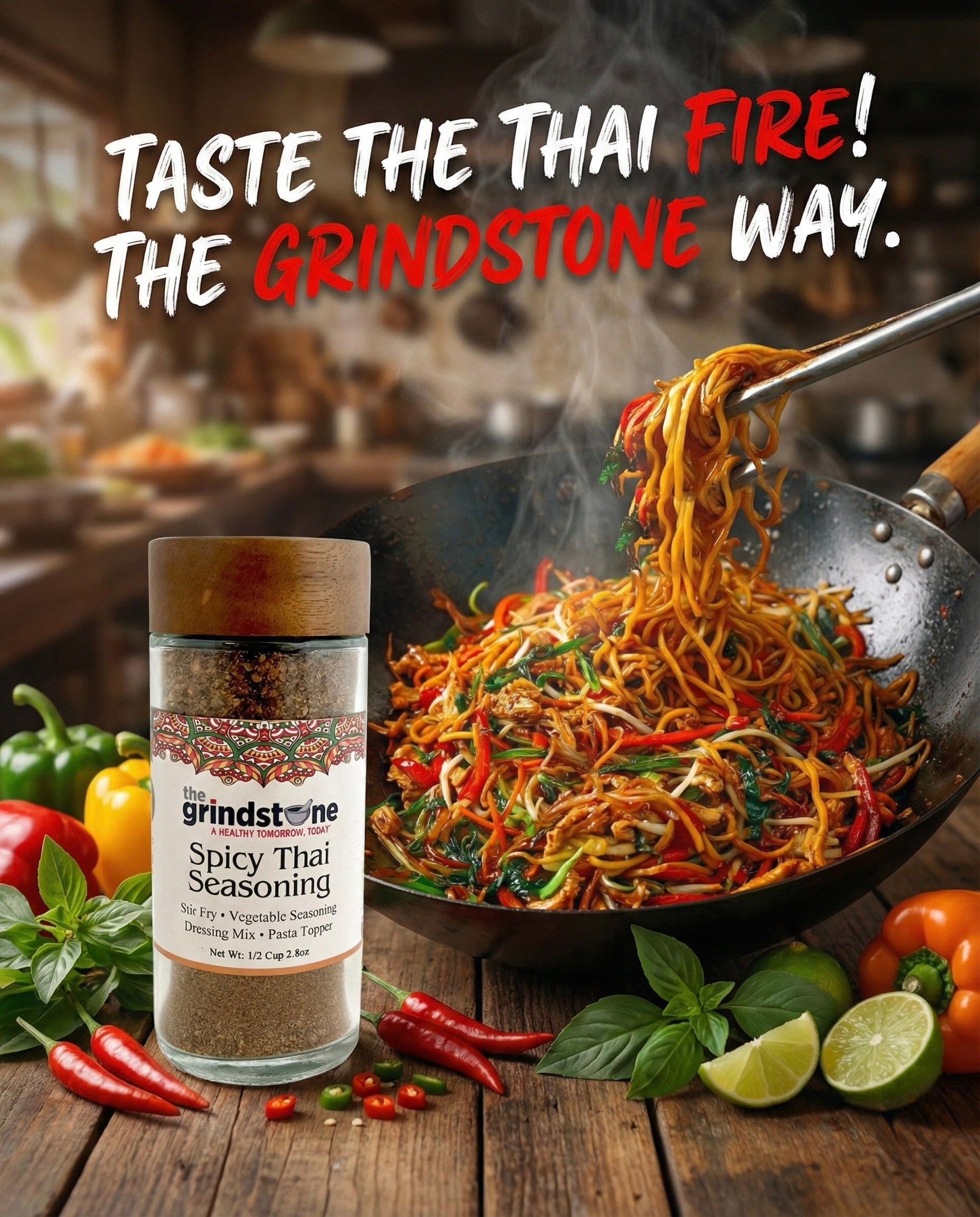 Spicy Thai Seasoning, Salt Free Spice, Suited for all Vegetables, Meat, Stir Fry, Popcorn, Noodles, 2.5 oz Glass Bottle, Dual Sifter, Pack of 2