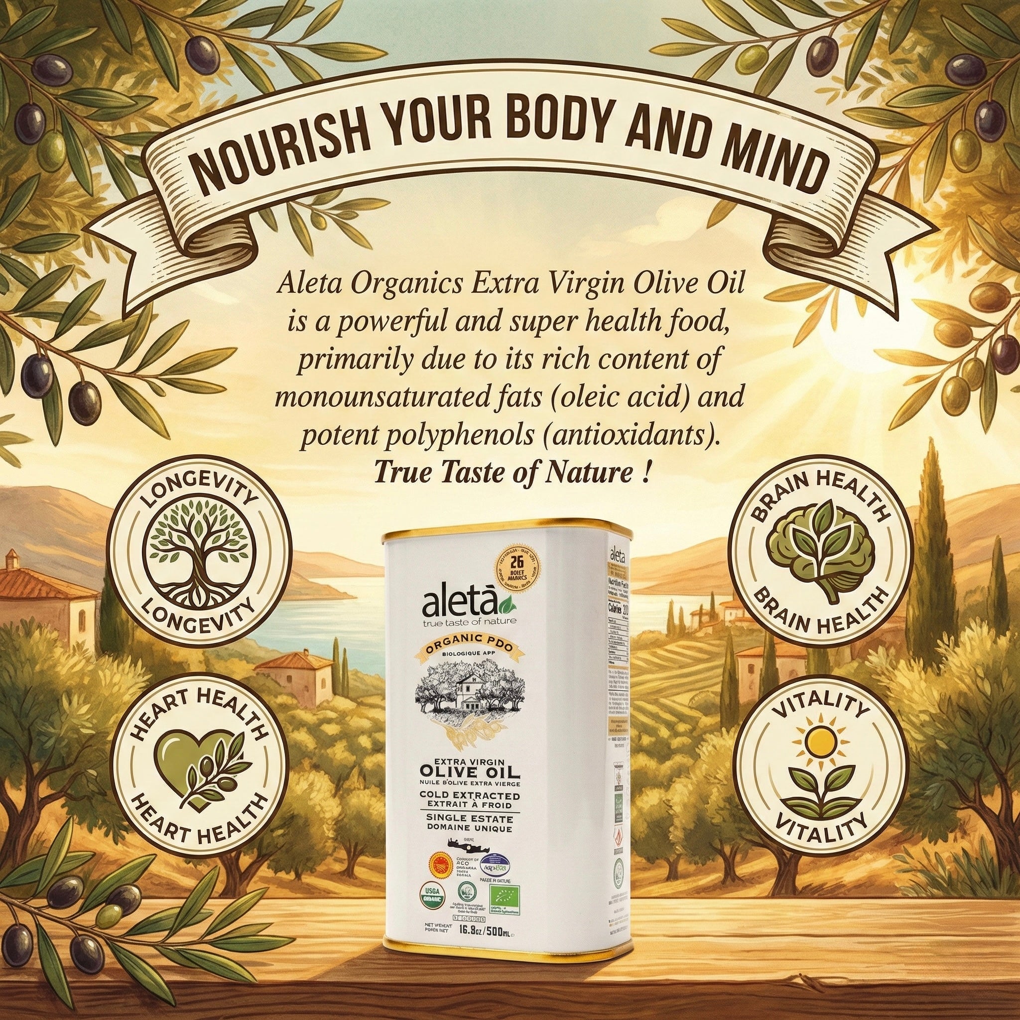 Aleta Organic & Single Estate PDO Extra Virgin Greek Olive Oil, 17 Oz Tin & 17 Oz bottle Combo