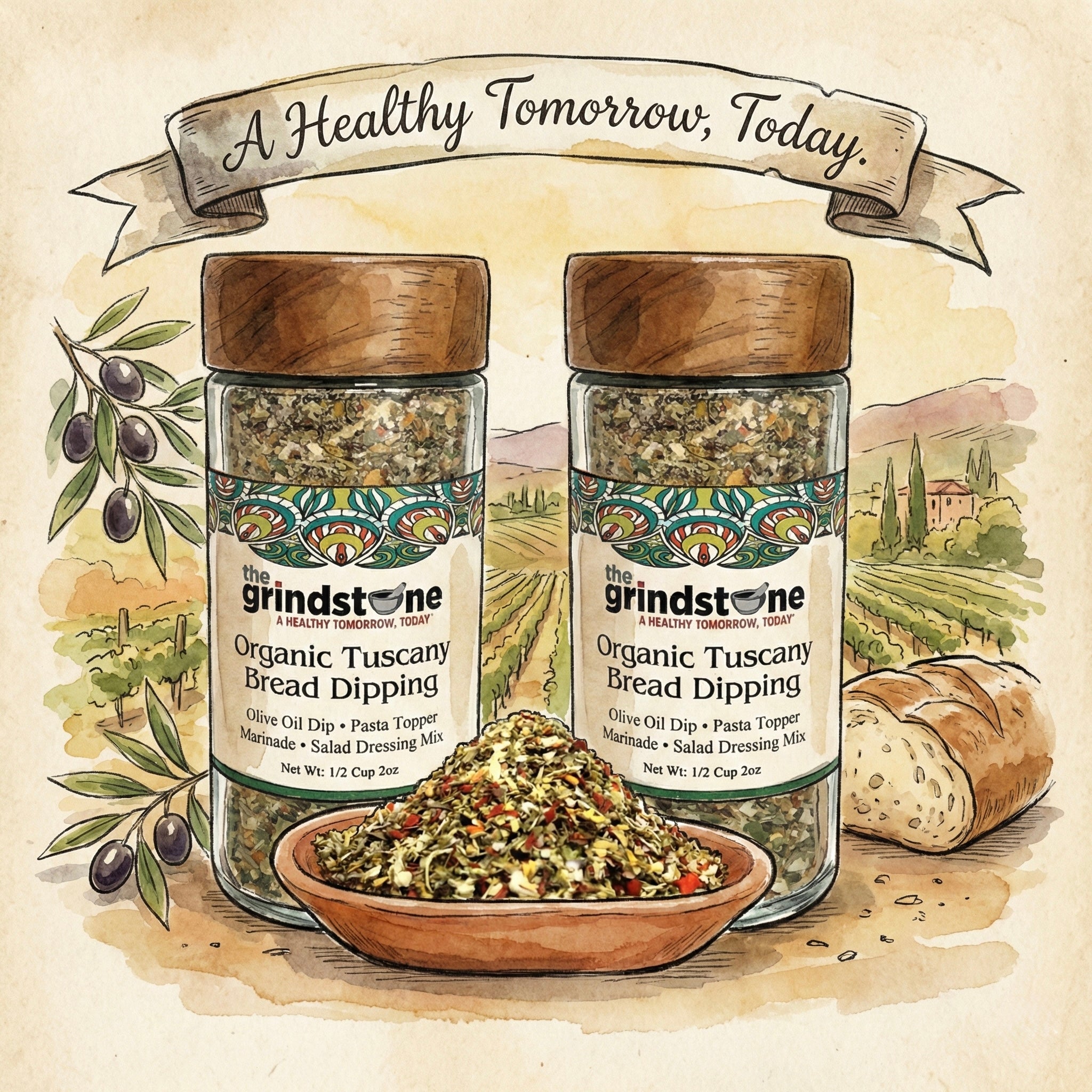 Organic Tuscany Bread Dipping Seasoning, Enjoy with Extra Virgin Olive Oil, Pasta, Pizza, Glass Jar with sifter, 2.3 oz each, Pack of 2