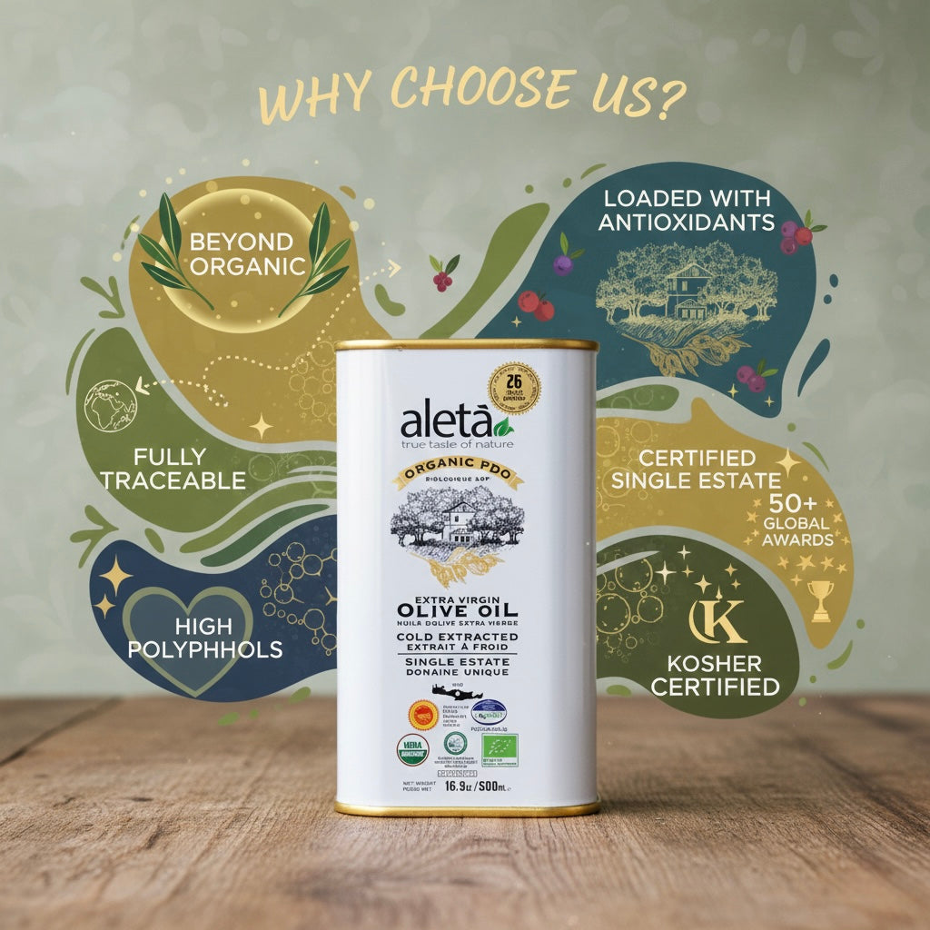 Aleta Organic & Single Estate PDO Extra Virgin Greek Olive Oil, 17 Oz Tin & 17 Oz bottle Combo