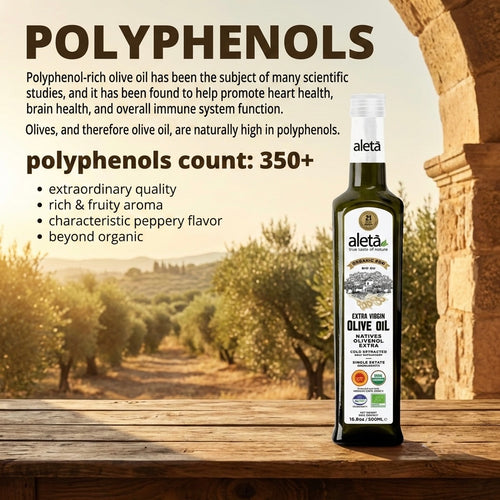Aleta Organic Estate PDO Extra Virgin Greek Olive Oil, Traceable EVOO, Kosher, Gold Award, 17 oz. (500ml) Bottle