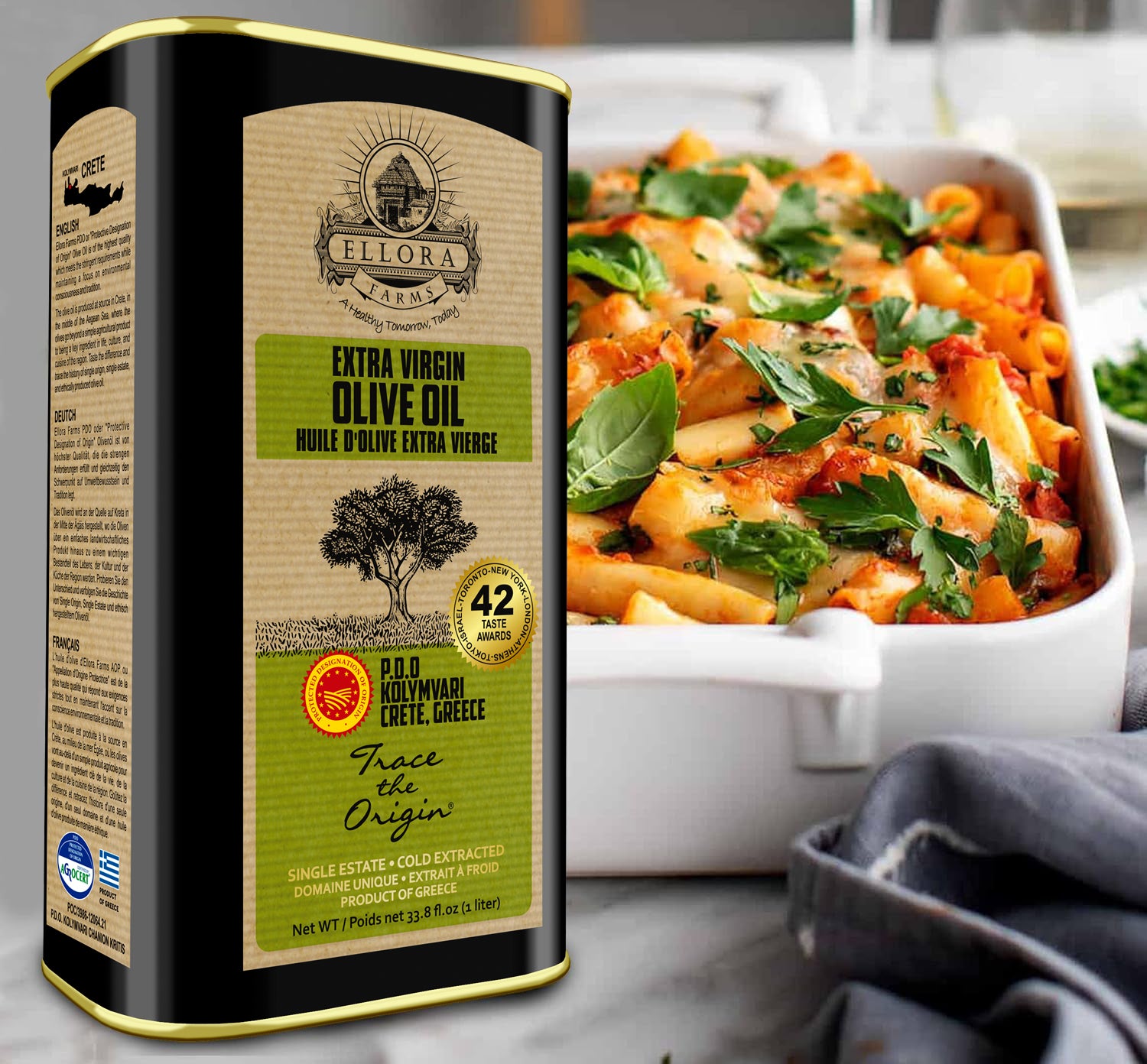 Ellora Farms PDO SITIA & Kolymvari, Greek Extra Virgin Olive Oil, 1 Ltr Tin (33.8 oz) Combo