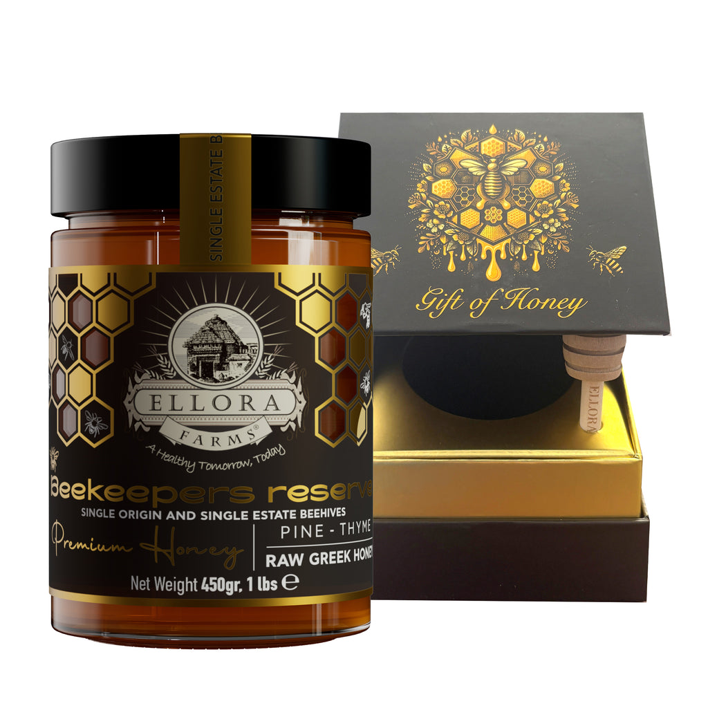 Ellora Farms, Single Estate PDO Greek Raw Honey, Beekeepers Reserve Gift of Honey in Cube Box, Pine & Thyme, 450g