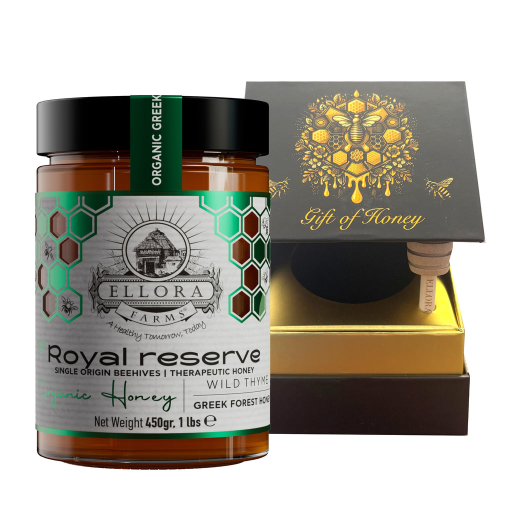 Ellora Farms, Organic Greek Raw Honey, Royal Reserve, Wild Thyme, Gift of Honey in Cube Box, Dipper Included,450g