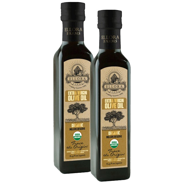 Ellora Farms, Olive Oil Extra Virgin Organic, Traceable Greek, High phenols Cold press, Kosher, 8.45 oz. Glass Bottle, Pack of 2
