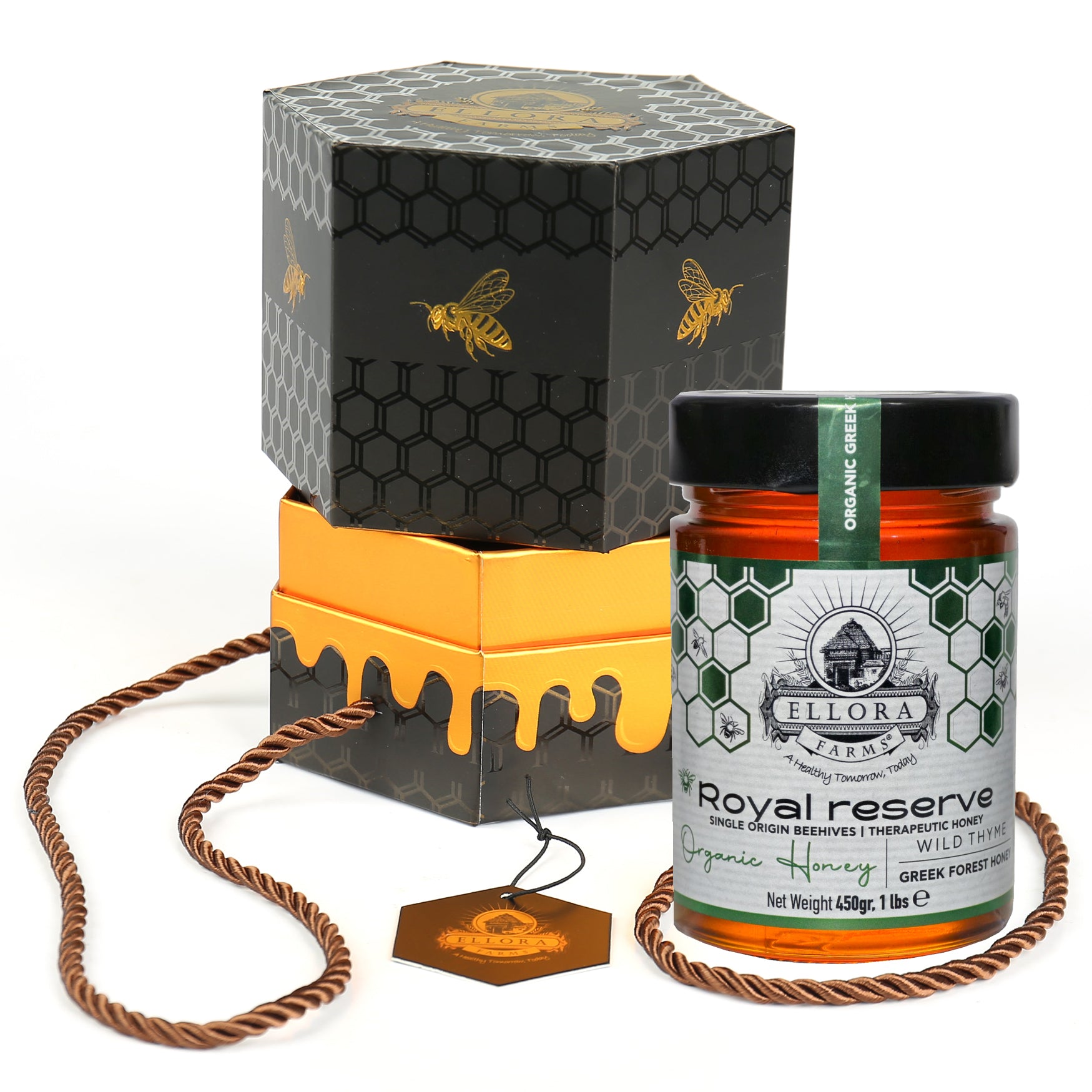 Ellora Farms, Organic Greek Raw Honey, Royal Reserve, Wild Thyme, Gift of Honey POT, Dipper Included, 450g