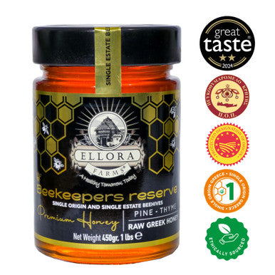Ellora Farms, Single Estate PDO Greek Raw Honey, Beekeepers Reserve Gift of Honey POT, Pine & Thyme, 450g