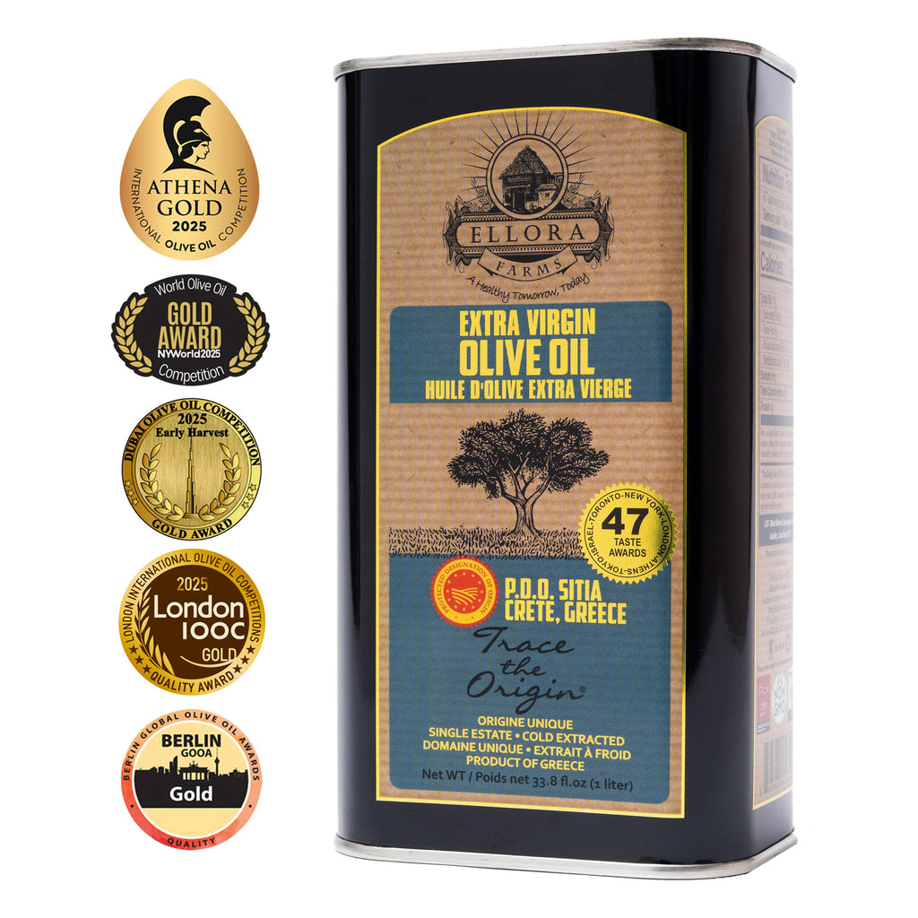 Ellora Farms PDO SITIA Extra Virgin Olive Oil, Traceable and Single Estate EVOO, Harvested in Crete, Greece, (33.8 FL oz) 1 Ltr Tin