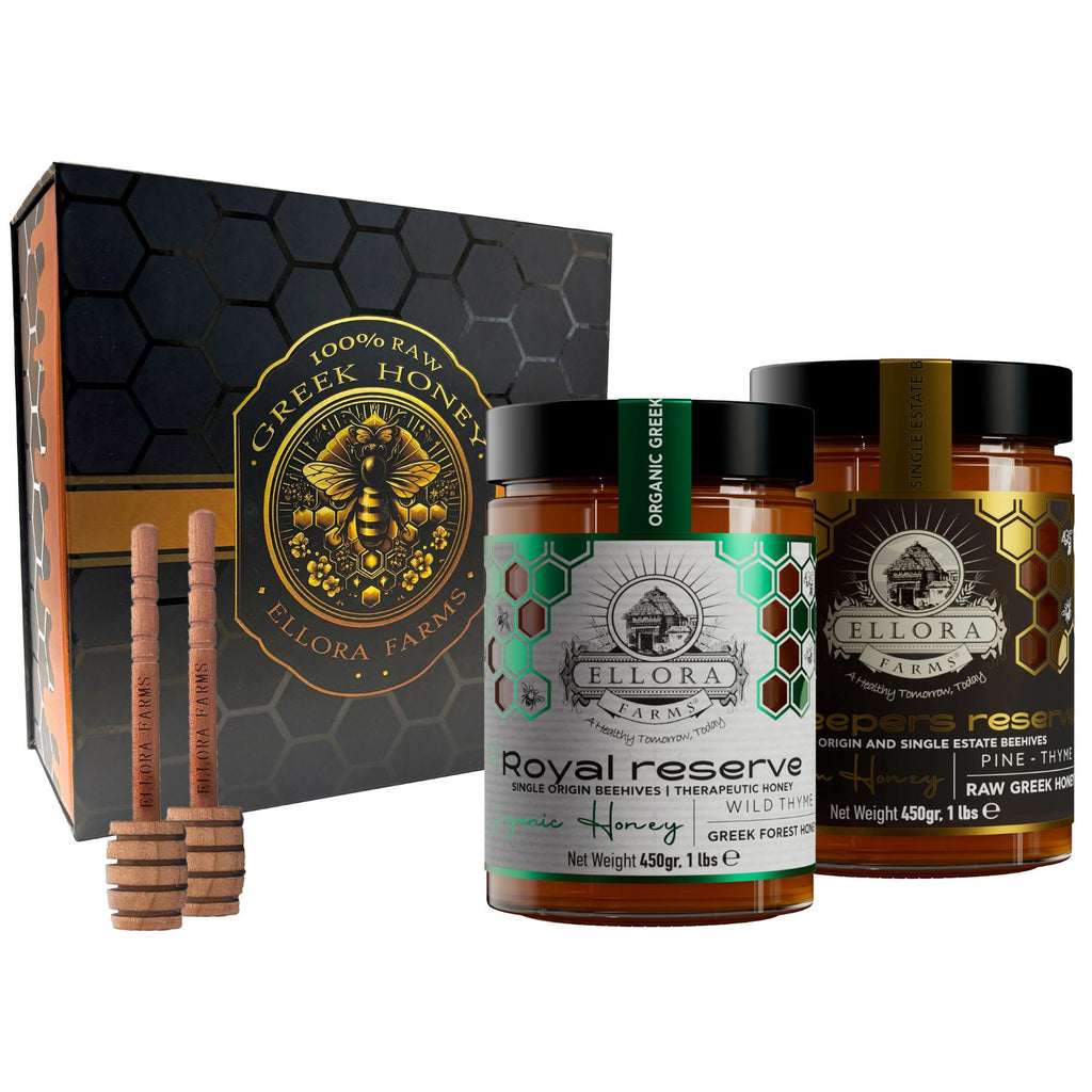 Ellora Farms, Organic Raw Honey & Single Estate PDO Pine Thyme Honey, Superfood, Includes Wooden Dippers, 1 lb Each, Twin Pack