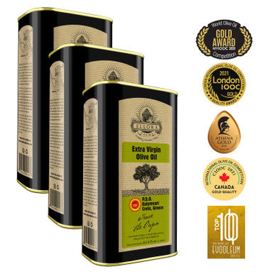 Ellora Farms, Certified PDO Extra Virgin Olive Oil, Traceable and Single Estate EVOO, Harvested in Crete, Greece, 1 Ltr Tin, 33.8 FL oz, Pack of 3