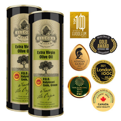 Ellora Farms, Certified PDO Extra Virgin Olive Oil, Traceable and Single Estate EVOO, Harvested in Crete, Greece, 17 Oz Tins, Pack of 2