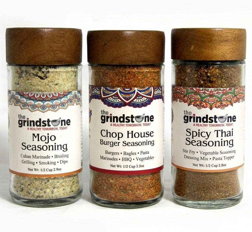 Combo Pack Salt Free, Mojo Seasoning, Chophouse Burger & Thai Seasoning, Burgers, Vegetables, Soups and Meats, Glass Bottle, Pack of 3