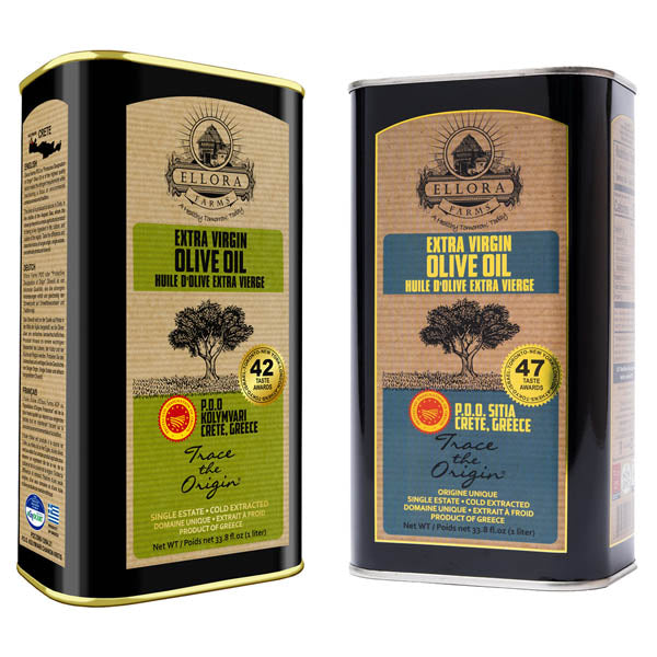 Ellora Farms PDO SITIA & Kolymvari, Greek Extra Virgin Olive Oil, 1 Ltr Tin (33.8 oz) Combo