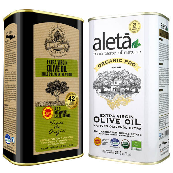 Aleta Organic & Ellora PDO Kolymvari Single Eatate Greek Extra Virgin Olive Oil, 1 Ltr Combo